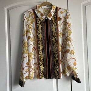 Super Cute Baroque Print Sheer Blouse